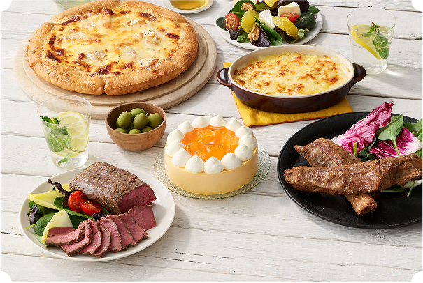 デリカセットの画像 ケーキ ローストビーフ スペアリブ ピザ グラタン
