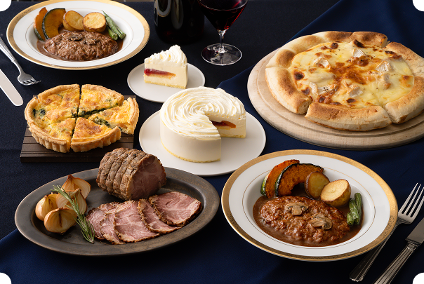 デリカセットの画像 ケーキ ローストビーフ スペアリブ ピザ グラタン