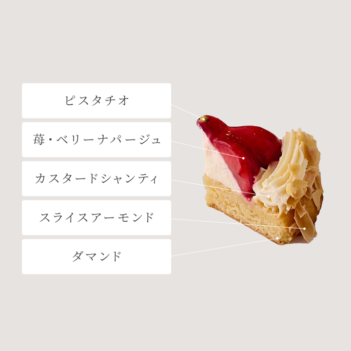 ケーキの断面図　ピスタチオ　苺・ベリーナパージュ　カスタードシャンティ　スライスアーモンド　ダマンド