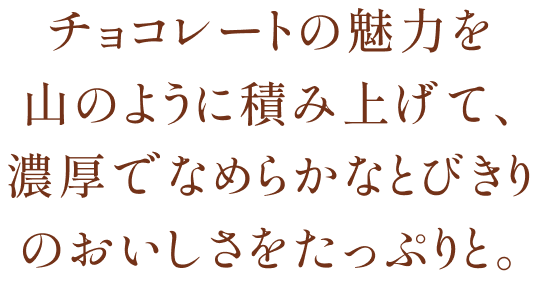 チョコレートの魅力を<br>山のように積み上げて、濃厚でなめらかなとびきりのおいしさをたっぷりと。